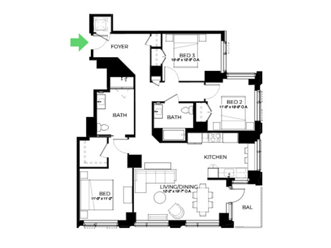 Floor plan for 3 beds, 2 baths, 1383 sqft